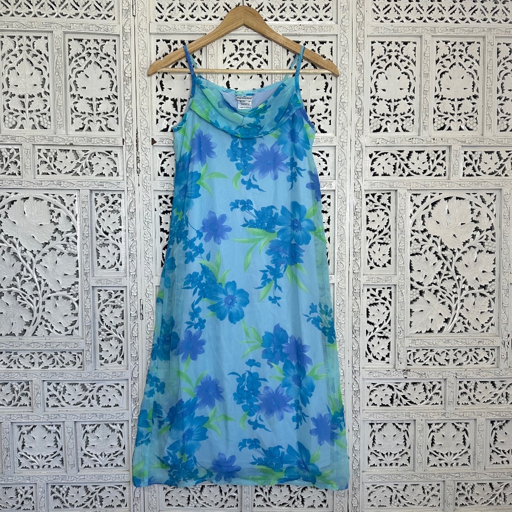 Vtg Blue & Green‎ Floral Flowy Beachy Midi Dress With Drape Neck Sz XS